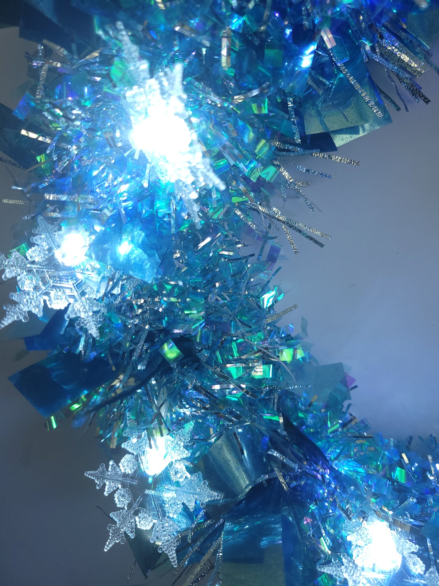 Modern Frosted Snowflake Wreath (13"), Icy Blue Christmas Accent Decor, LED Tinsel Winter Home Wreath