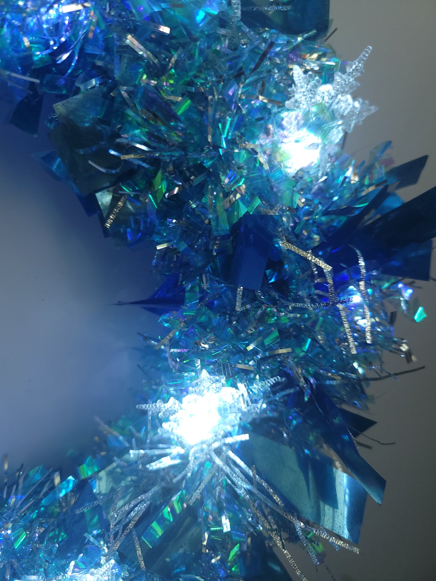 Modern Frosted Snowflake Wreath (13"), Icy Blue Christmas Accent Decor, LED Tinsel Winter Home Wreath