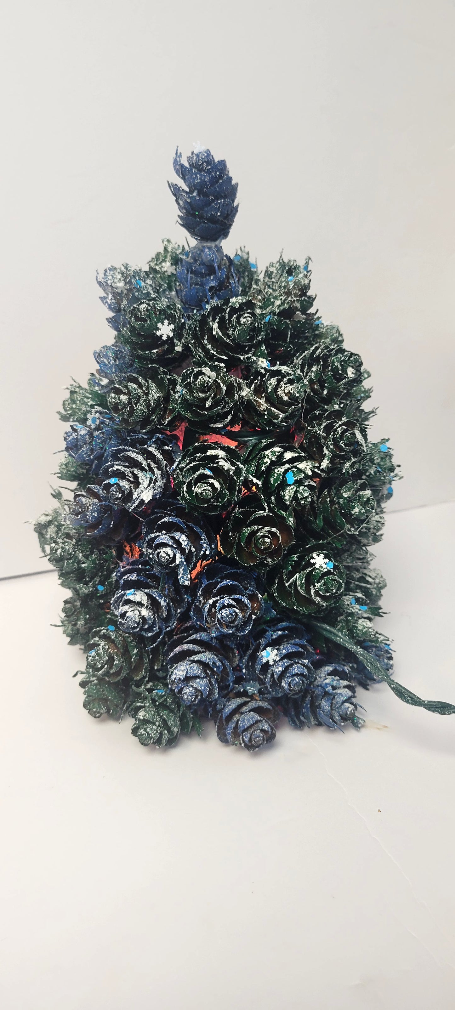 Artisan Pinecone Christmas Tree with Lights | Handpainted Frosted Indigo & Emerald Tabletop Decor | Unique Holiday Gift